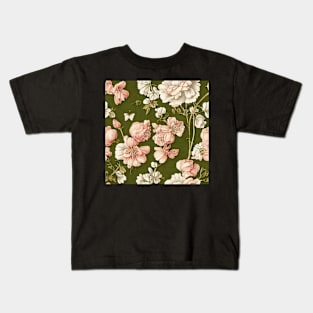 Vintage Floral Light Pink and White Flowers on Olive Green Kids T-Shirt